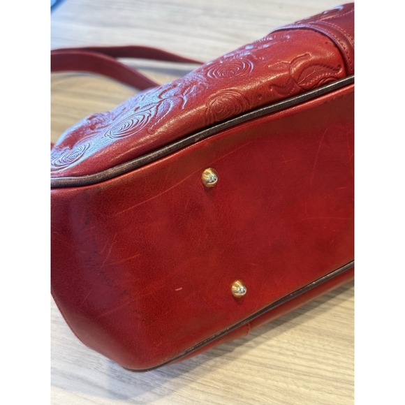 Marino Orlandi Red Embossed Leather Shoulder Bag Floral Tooled Gold Hardware - Picture 9 of 14
